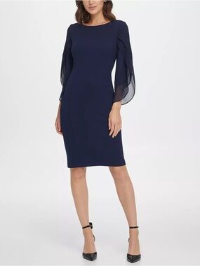 DKNY Navy Blue Sheath Dress Layered Chiffon Flutter Sleeves Sz 10 NWT $129